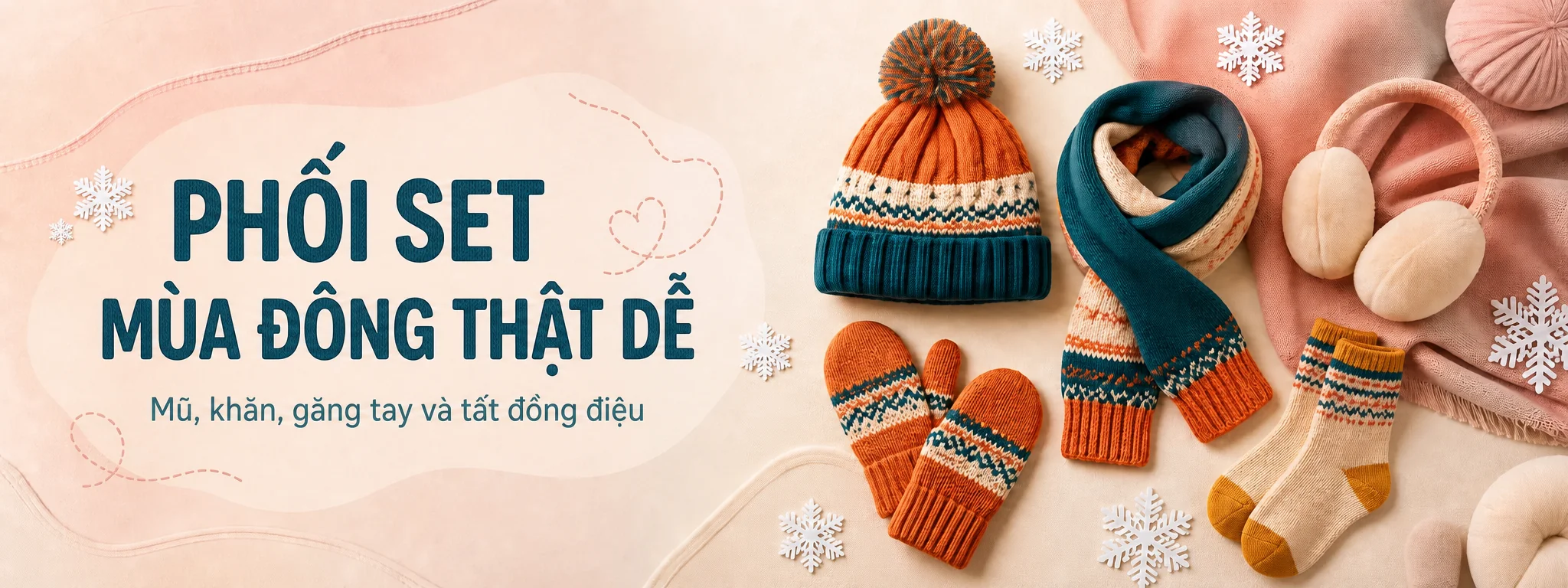 Set mũ, khăn, găng tay, bịt tai và tất trẻ em phối đồng bộ