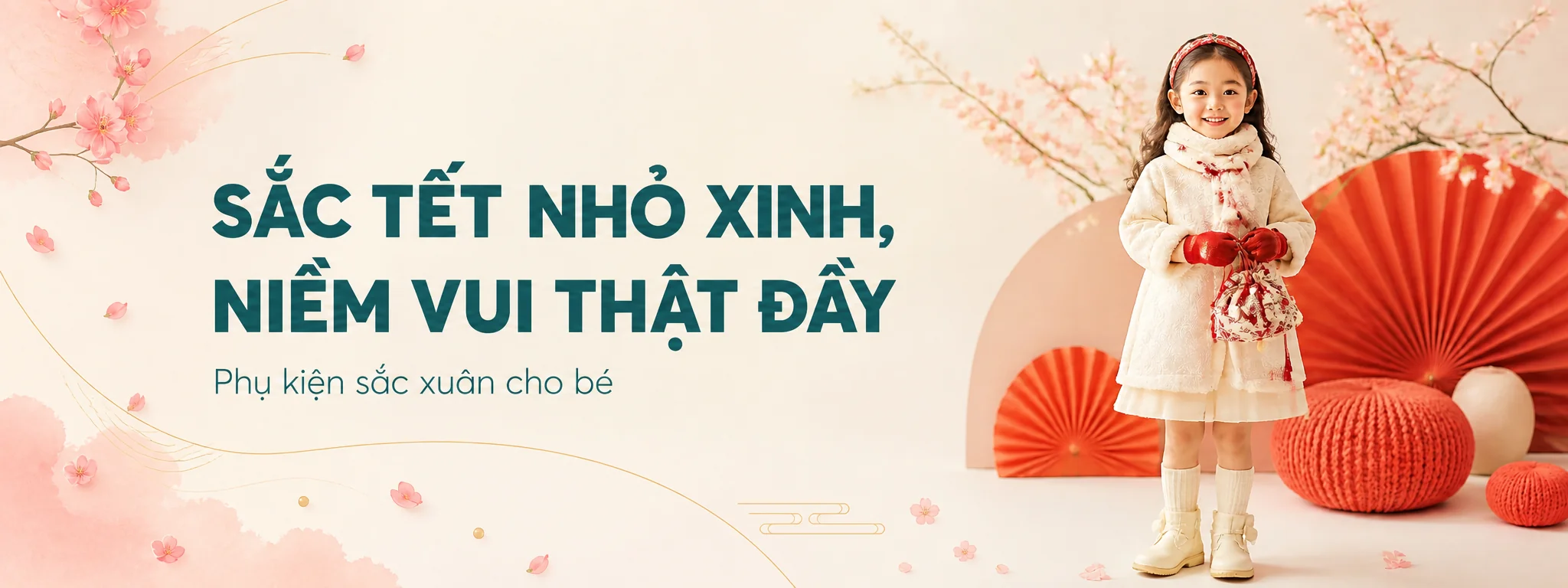 Bé mặc phụ kiện sắc Tết trong không gian hoa xuân